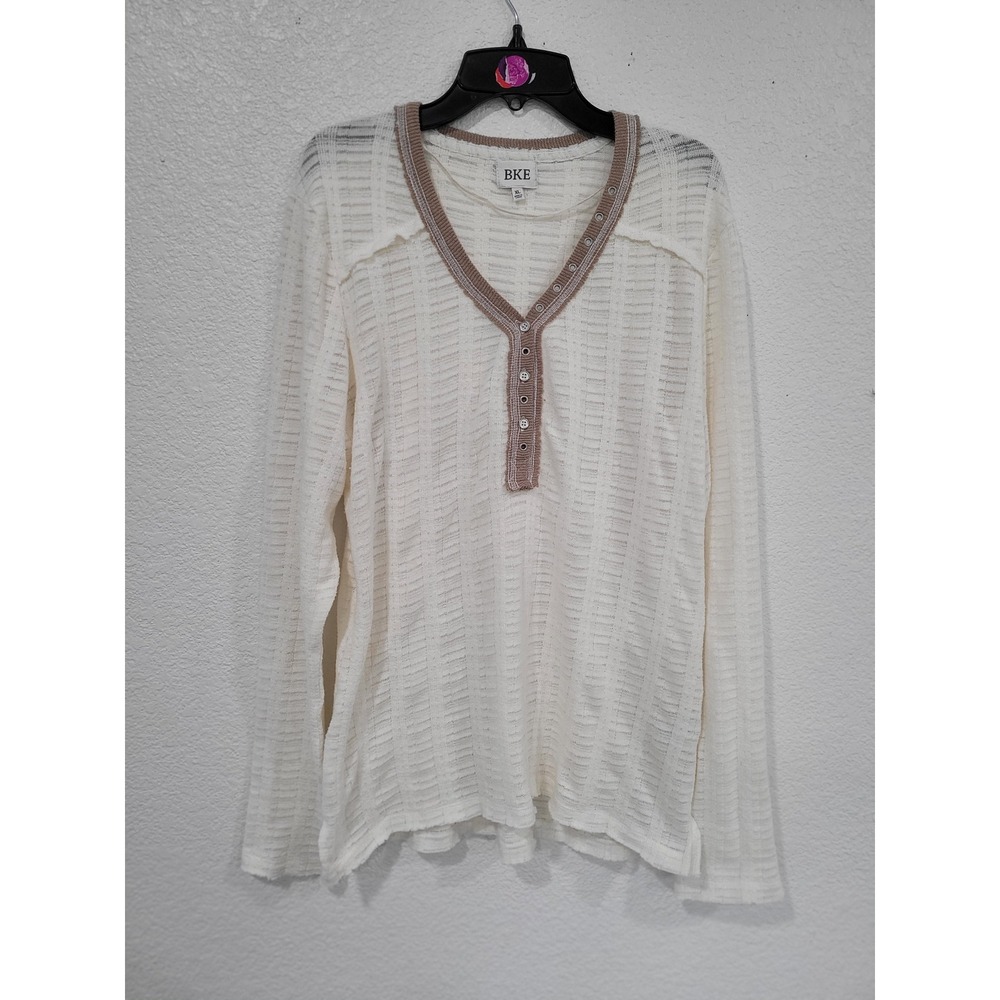 BKE Womens XL White Textured Waffle Knit Long Sleeve Henley V-Neck Shirt #23